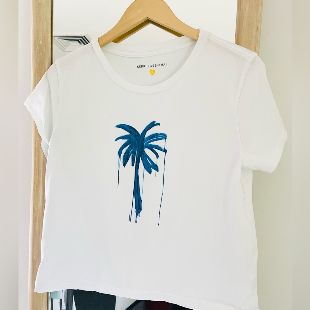 Kerri Rosenthal White Tee with Blue Palm Print, Size Medium